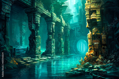 Fantasy ruins, square columns, ancient, water, cave, background, concept art.