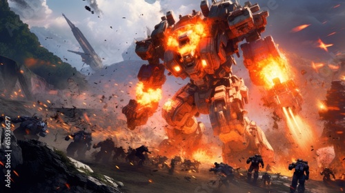 Epic clash between colossal mechs in a war - torn landscape  with explosions and laser beams lighting up the scene