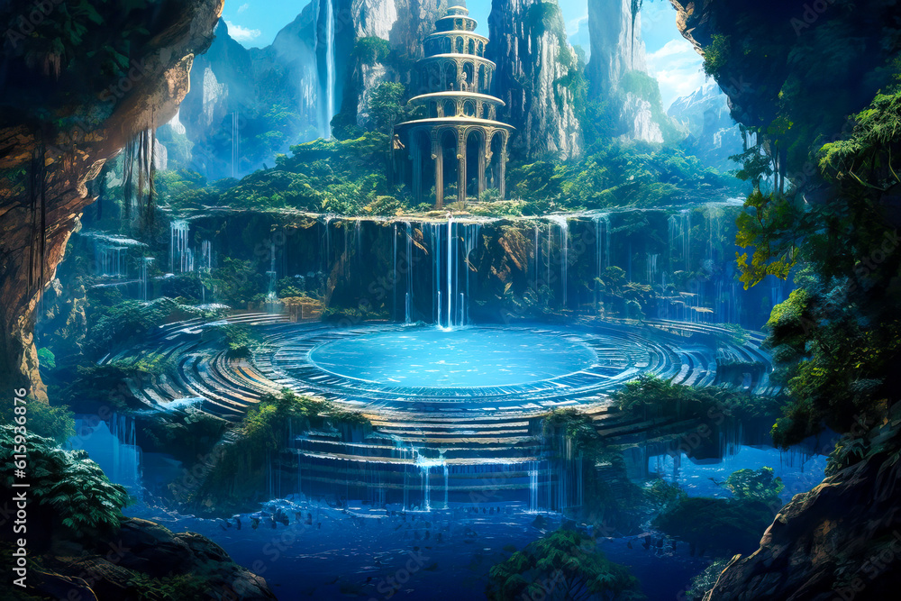 Fantasy city landscape, pool, waterfalls, Atlantis, coastal water island civilization.