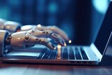 Robot hands and fingers point to laptop button. Generative AI