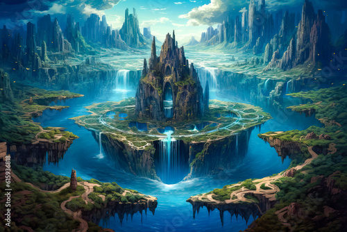 Fantasy landscape, island with waterfalls, rocky fortress and cliffs, water moat.