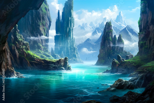 Fantasy landscape, view from grotto or cave entrance, water, cliffs, mountains. photo