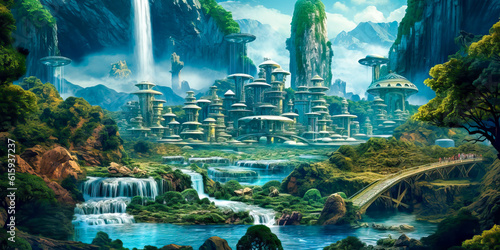 Science fiction city landscape, waterfalls, lush jungle, wide. © Sunshower Shots