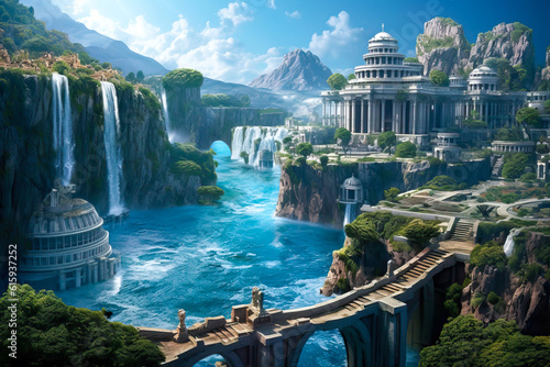 Fantasy city landscape, cliffs and waterfalls, Atlantis, white stone, coastal water island civilization. photo