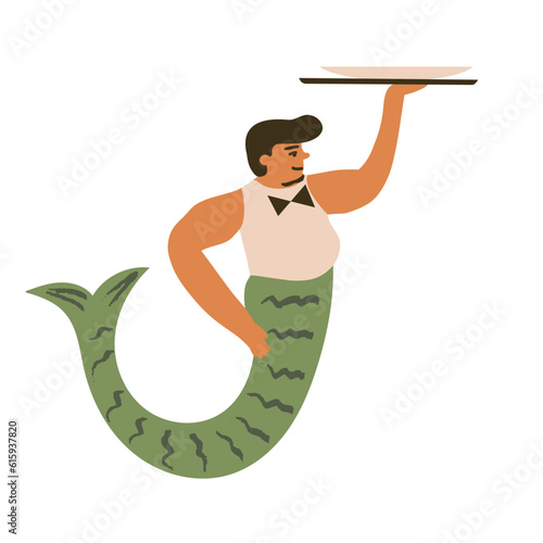 A chubby merman waiter in a bow tie holds a dish, underwater server with a plate in the hand, a steward, a garcon