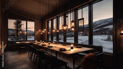 Modern interior space of a vineyard nestled amidst the stunning winter landscapes of Northern Norway. Generative AI © piai