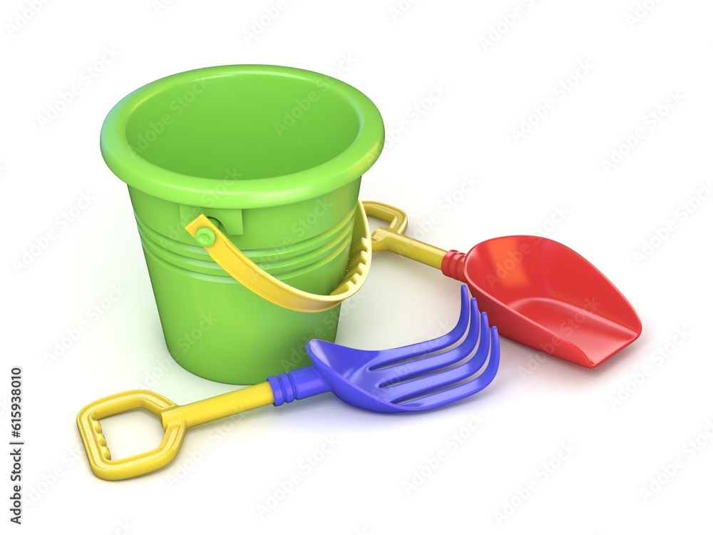 Toy bucket, rake and spade. 3D render illustration isolated on white background Toy bucket, rake and spade. 3D render illustration isolated on white background