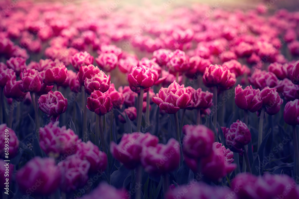 Fototapeta premium Różowe tulipany. Kwiaty wiosenne, polana tulipanów