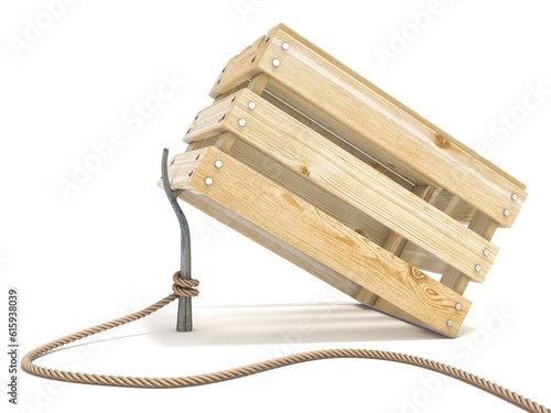 Trap made of wooden crate and rope tide to stick 3D render illustration isolated on white background