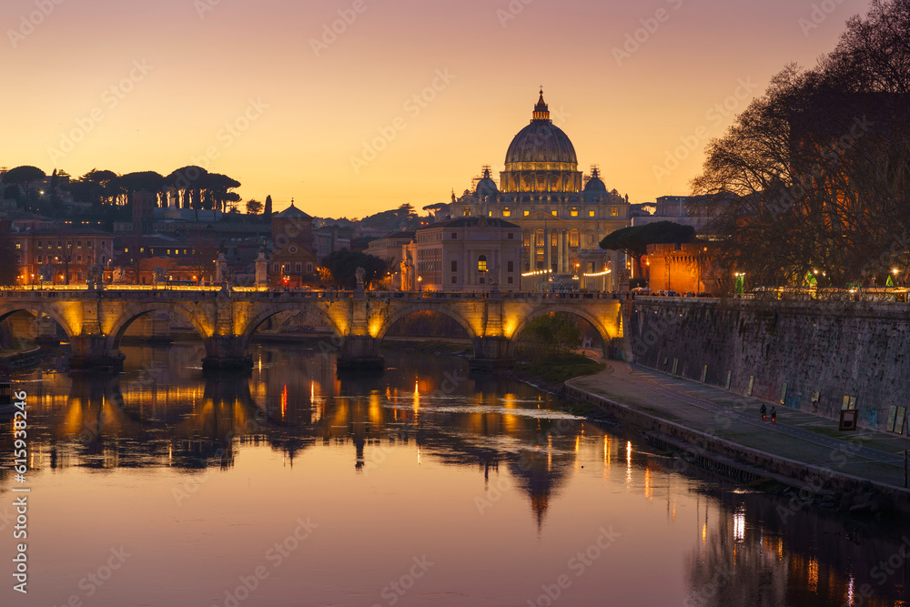 Travel to Italy: Rome Vatican St.peter basilica after sunset view of river Tiber and Saint Angelo bridge