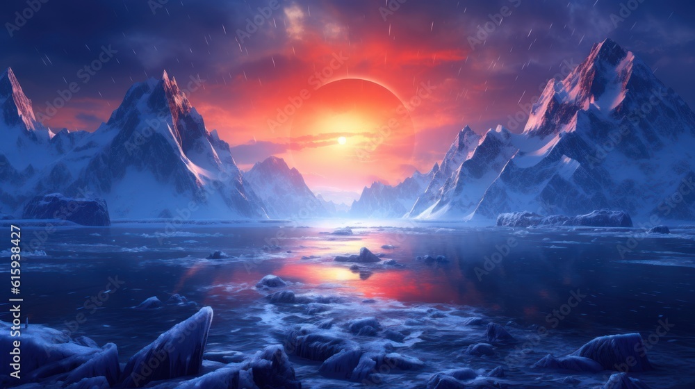 Frozen Arctic setting with icy terrain, snow - covered mountains, and a chilling atmosphere Frozen Arctic setting with icy terrain, snow - covered mountains, and a chilling atmosphere