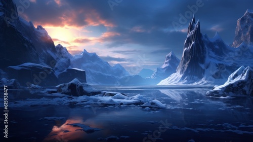 Frozen Arctic setting with icy terrain, snow - covered mountains, and a chilling atmosphere