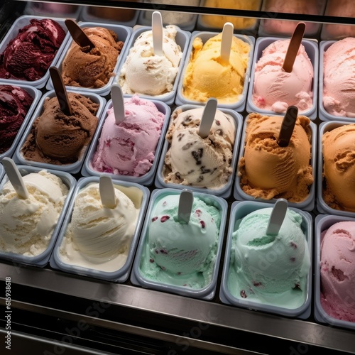 Colorful ice cream selection with spoons - generative AI