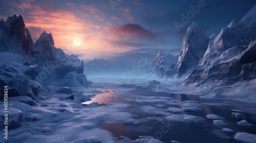 Frozen Arctic setting with icy terrain, snow - covered mountains, and a chilling atmosphere