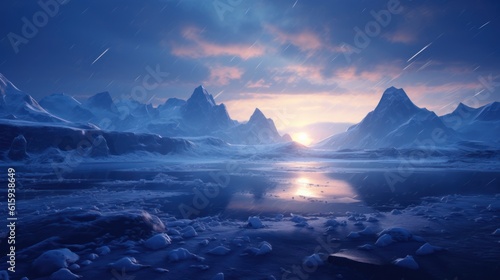 Frozen Arctic setting with icy terrain  snow - covered mountains  and a chilling atmosphere