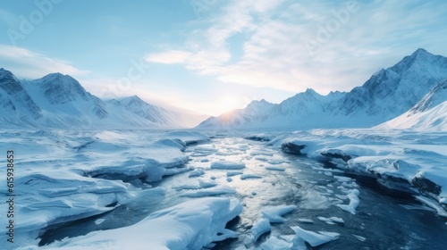 Frozen Arctic setting with icy terrain, snow - covered mountains, and a chilling atmosphere © Damian Sobczyk