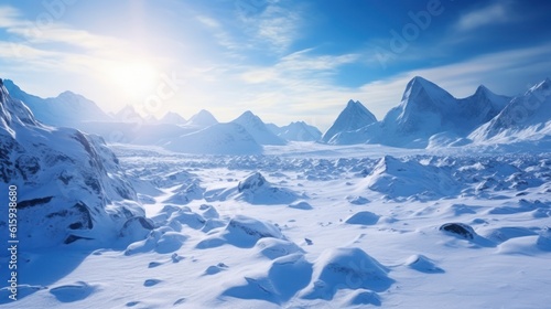 Frozen Arctic setting with icy terrain, snow - covered mountains, and a chilling atmosphere