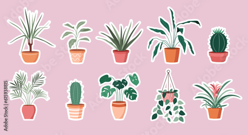 A set of stickers with home plants in pots. Vector illustration