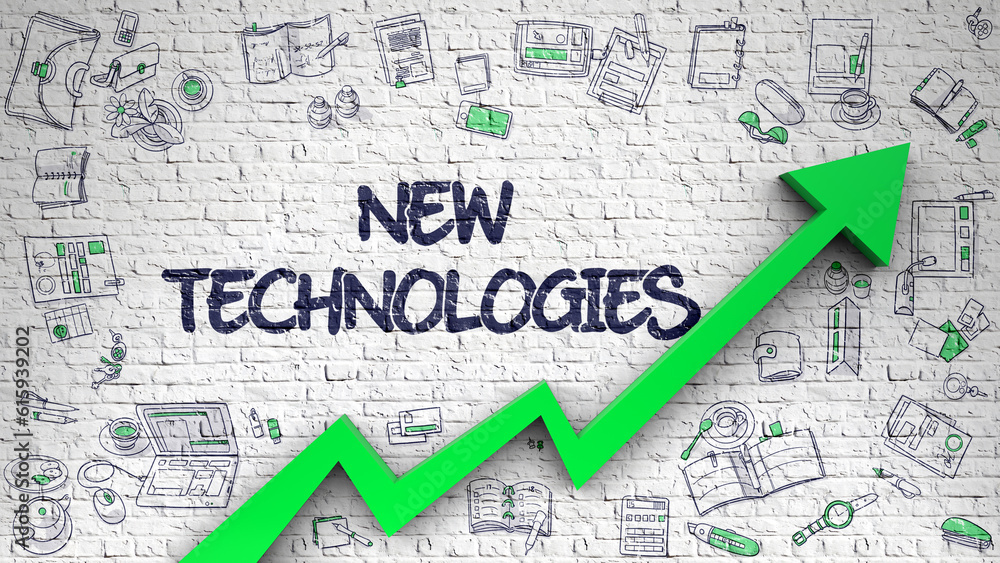 New Technologies - Modern Illustration with Doodle Design Elements. New Technologies - Business Concept with Doodle Icons Around on the White Brick Wall Background.