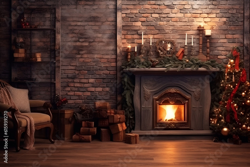 Fototapeta fireplace with christmas tree and christmas decorations
