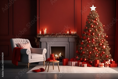 fireplace with christmas tree and christmas decorations