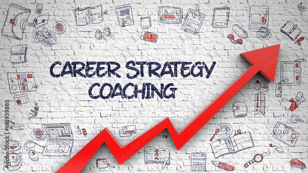 Career Strategy Coaching - Improvement Concept with Doodle Design Icons Around on the White Brickwall Background. Career Strategy Coaching Drawn on White Wall. Illustration with Doodle Design Icons.