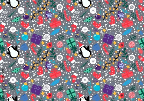 Christmas cartoon seamless penguin and gifts and candy and balls and tree pattern for wrapping paper