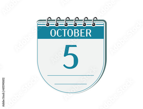 5 october round retro calendar page vector. 3d one day calendar, date appointment, business planner, event reminder illustration. Abstract three dimensional daily date old style calendar. 