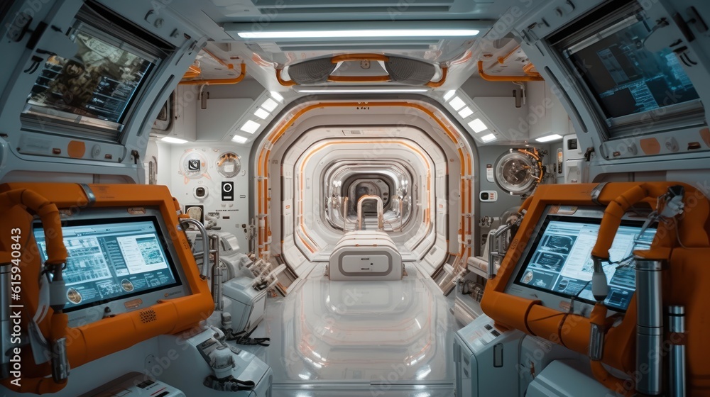 Interior of a space station, complete with control rooms, zero - gravity areas, and advanced technology Interior of a space station, complete with control rooms, zero - gravity areas, and advanced technology