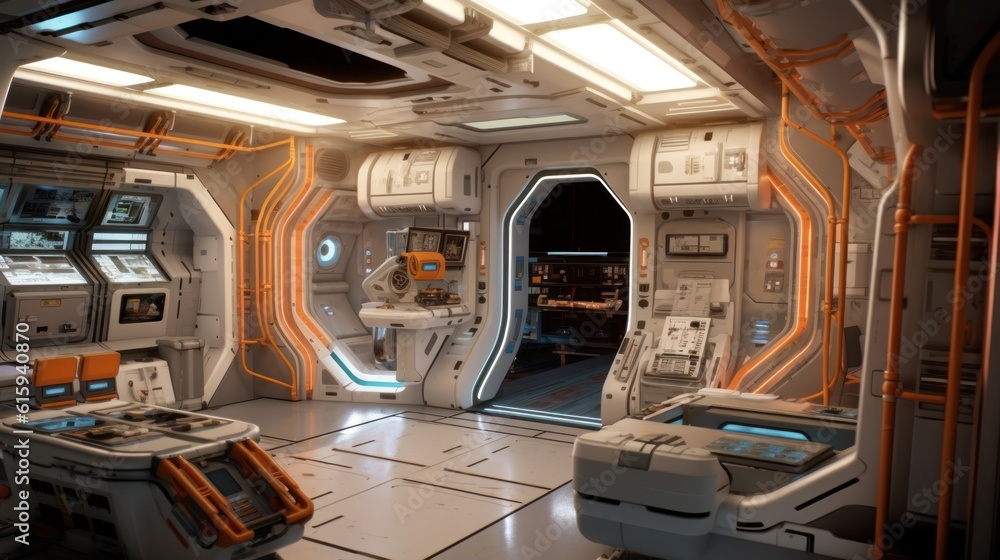 Interior of a space station, complete with control rooms, zero - gravity areas, and advanced technology Interior of a space station, complete with control rooms, zero - gravity areas, and advanced technology