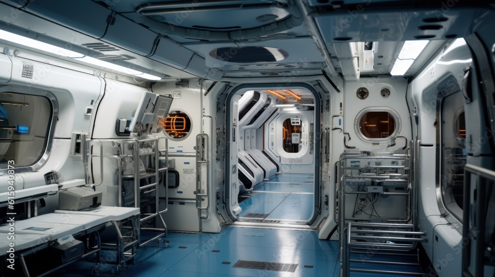 Interior of a space station, complete with control rooms, zero - gravity areas, and advanced technology