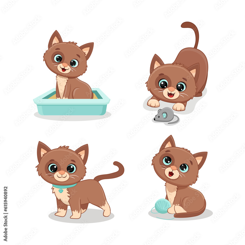 Set of funny cute cats in different poses in cartoon style. Brown kitten. Vector illustration Set of funny cute cats in different poses in cartoon style. Brown kitten. Vector illustration