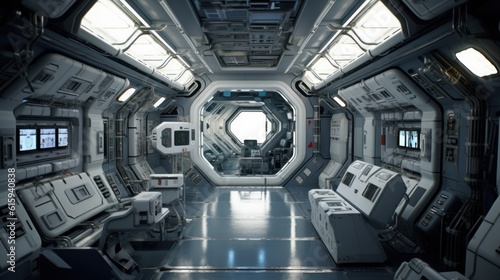 Interior of a space station, complete with control rooms, zero - gravity areas, and advanced technology © Damian Sobczyk