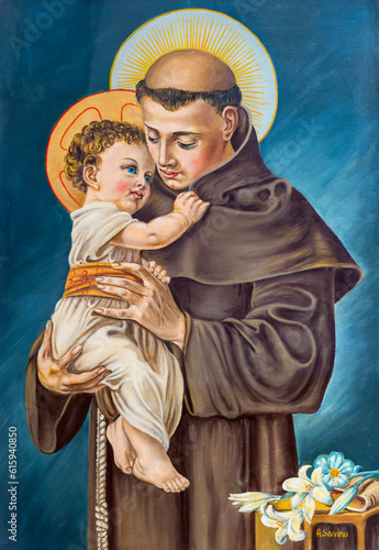 NAPLES, ITALY - APRIL 20, 2023: The painting of St. Anthony of Padua in church Basilica di Santa Maria degli Angeli a Pizzofalcone by A. Savino from 20. cent.. photo