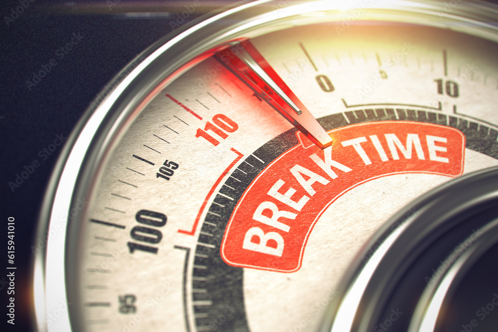 3D Illustration of a Speedometer with Red Needle Pointing the Caption Break Time. Business or Marketing Concept. 3D Illustration. 3D Illustration of a Speedometer with Red Needle Pointing the Caption Break Time. Business or Marketing Concept. 3D Illustration.