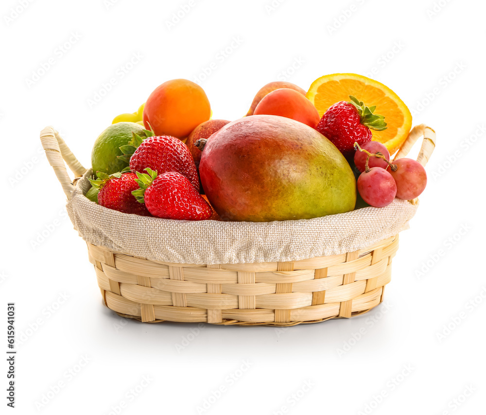 Wicker basket with different fresh fruits on white background Wicker basket with different fresh fruits on white background
