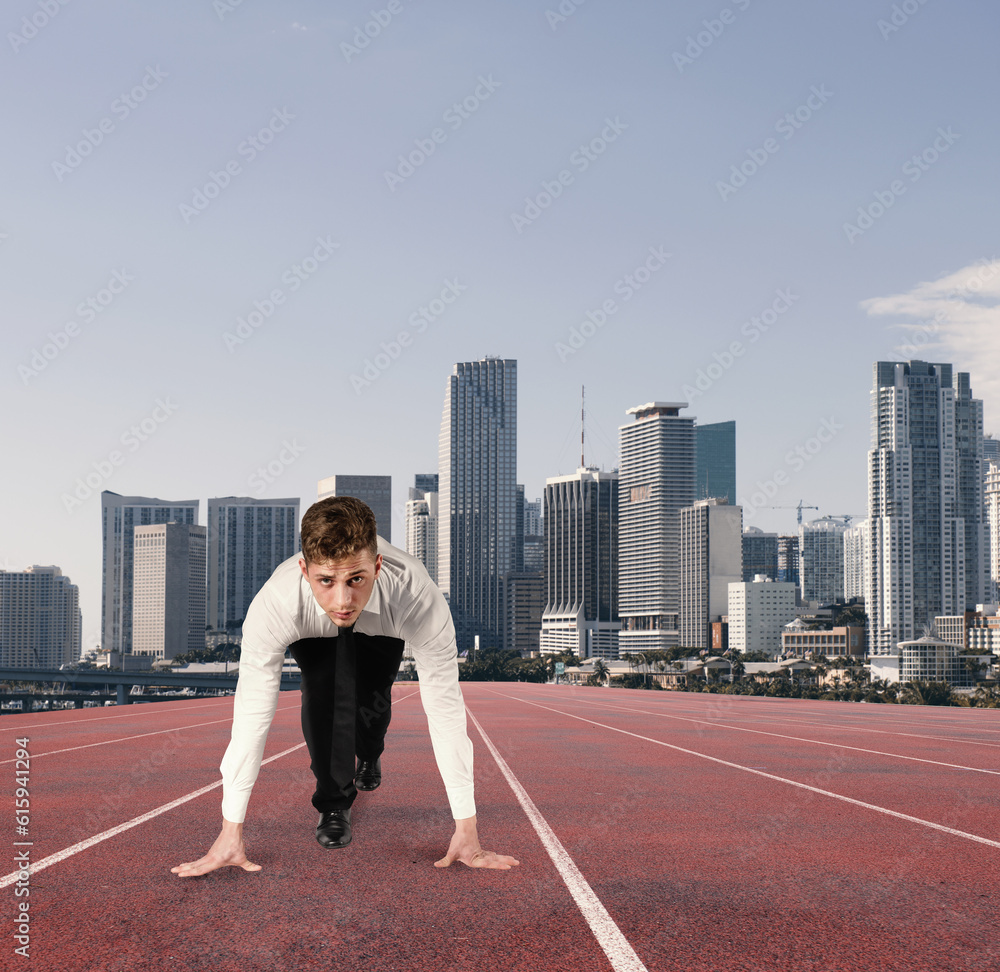 Businessman acts like a runner on a track. Competition and challenge in business concept