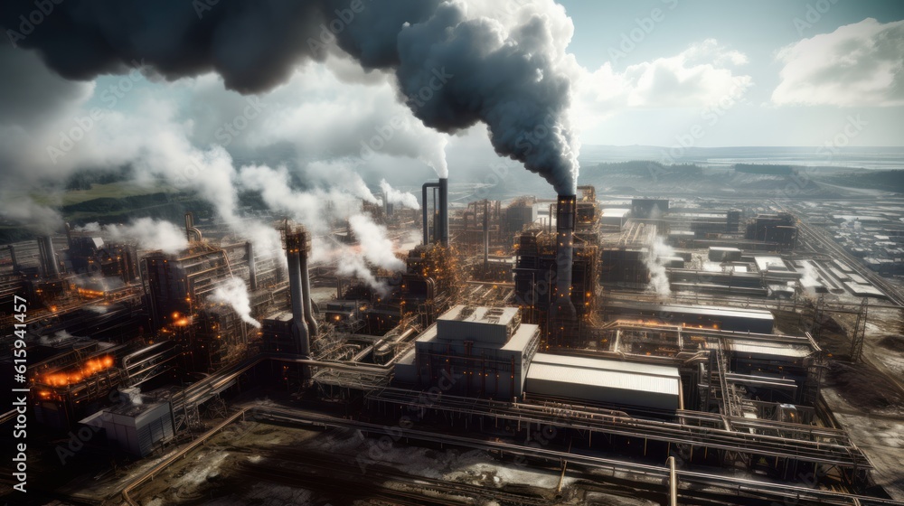 Massive industrial factory setting, with massive machinery, conveyor belts, and smokestacks billowing steam