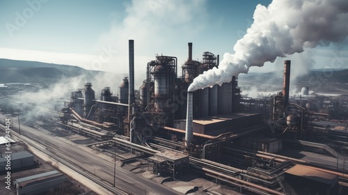 Massive industrial factory setting, with massive machinery, conveyor belts, and smokestacks billowing steam © Damian Sobczyk