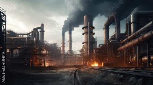 Massive industrial factory setting  with massive machinery  conveyor belts  and smokestacks billowing steam