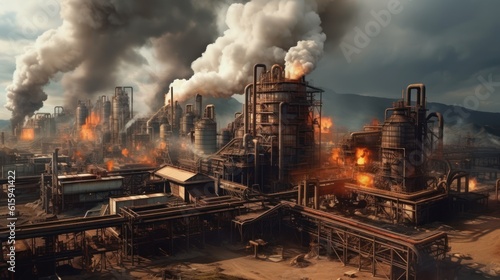 Massive industrial factory setting, with massive machinery, conveyor belts, and smokestacks billowing steam