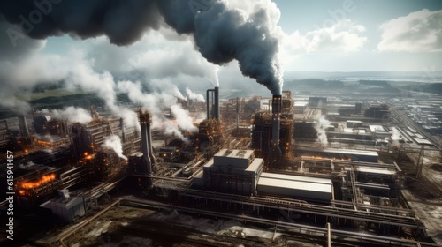 Massive industrial factory setting  with massive machinery  conveyor belts  and smokestacks billowing steam