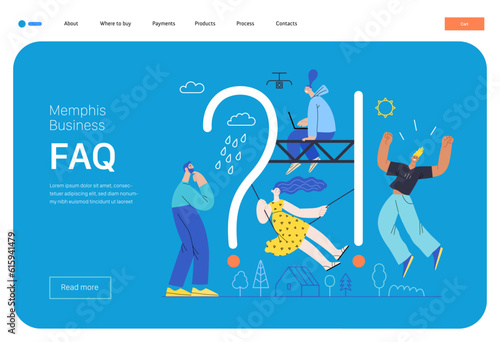 Memphis business illustration. FAQ -modern flat vector concept illustration of people with interrogation markand exclamation point. Frequently asked questions metaphor Corporate business sales concept