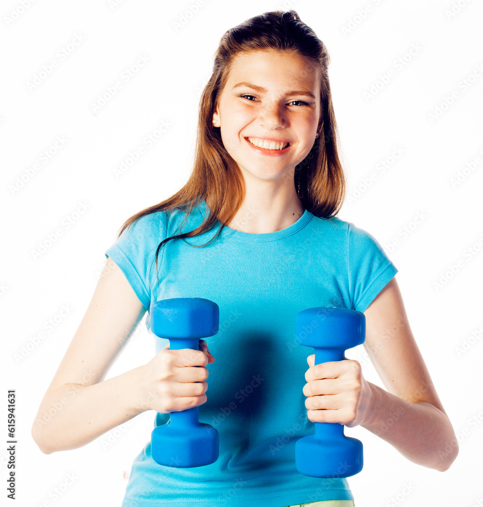 young pretty slim blond woman with dumbbell isolated cheerful smiling, measuring herself, diet people concept on white background close up young pretty slim blond woman with dumbbell isolated cheerful smiling, measuring herself, diet people concept on white background close up