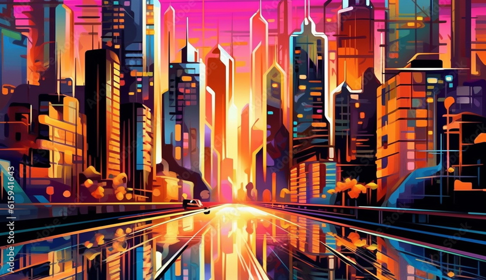 A vibrant cityscape illustration in a retro style with watercolor painting aesthetics, showcasing a colorful urban atmosphere. Based on Generative Ai.