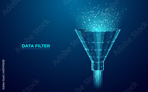 Digital Funnel and Abstract Data Flow in Techno Blue Background. Marketing and Analytics Concept. Low Polygonal Filter in connected dots, lines, shapes, and polygons. Modern Vector 3D illustration.