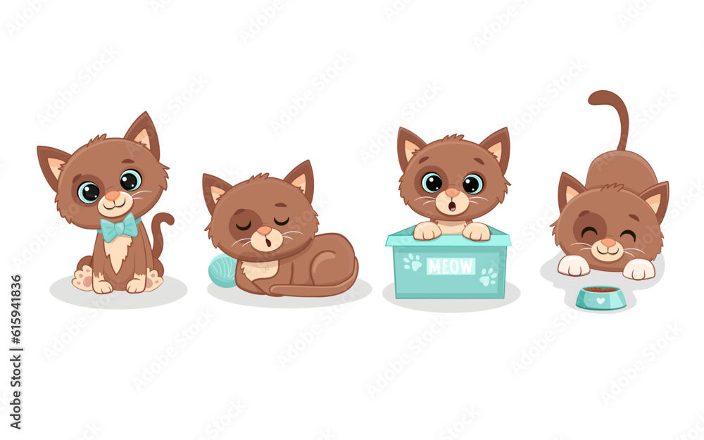 Set of funny cute cats in different poses in cartoon style. Brown kitten.Vector illustration
Set of funny cute cats in different poses in cartoon style. Brown kitten.Vector illustration