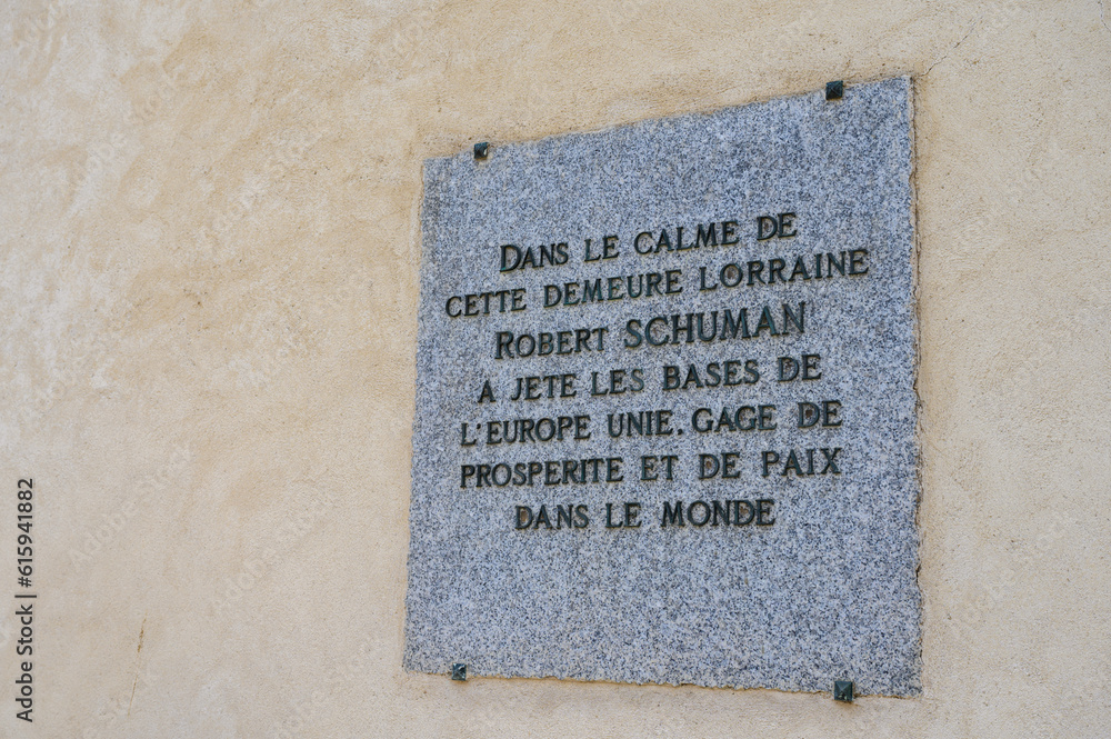 A commemorative tablet on the house where Robert Schuman, the Father of Europe, lived. Scy-Chazelles, France. 2023/06/16.	