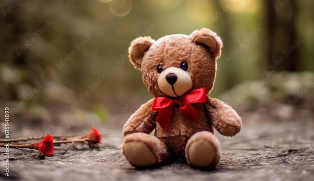 A photo of a teddy bear with a red ribbon, exuding charm and cuteness. Based on Generative Ai. A photo of a teddy bear with a red ribbon, exuding charm and cuteness. Based on Generative Ai.