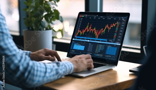 A photo of a professional trader diligently monitoring chart movements through a laptop device. Based on Generative Ai.